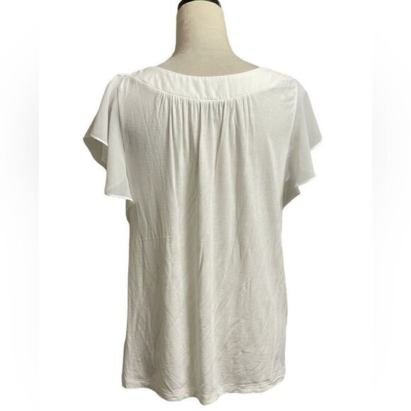 AGB White Blouse w/Sheer Flutter Sleeves & Silver Bejeweled Neckline (Size: Med) - Picture 4 of 12